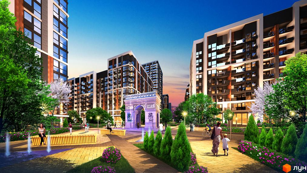 Житловий комплекс Французький квартал 2 з елегантною аркою та зеленими зонами. Сучасні будинки з панорамними вікнами та затишний двір з лавками та фонтанами.