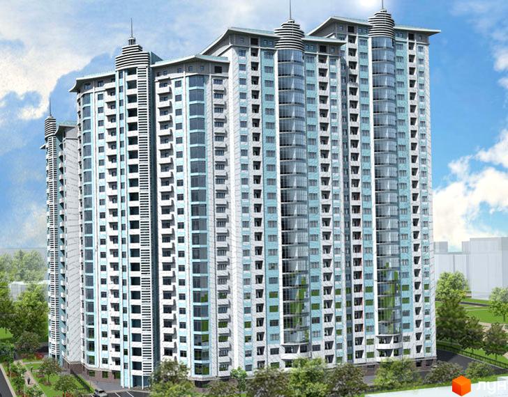 Зображення Житлового комплексу Cassiopeia. Висотна будівля з великою кількістю вікон та невеликою прибудинковою територією з деревами.