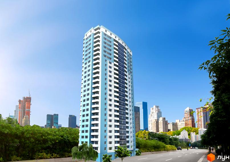 Зображення багатоповерхового будинку в Житловому комплексі Кассіопея. Вид на фасад будівлі з балконами та вікнами, навколо зелені насадження.