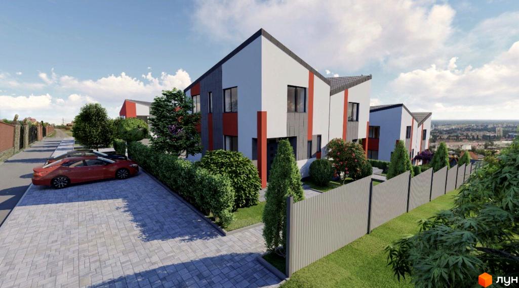Таунхаус На Райдужній: фасади будівель з червоними та сірими елементами, парковка з червоним автомобілем та доглянута прибудинкова територія з зеленими насадженнями.