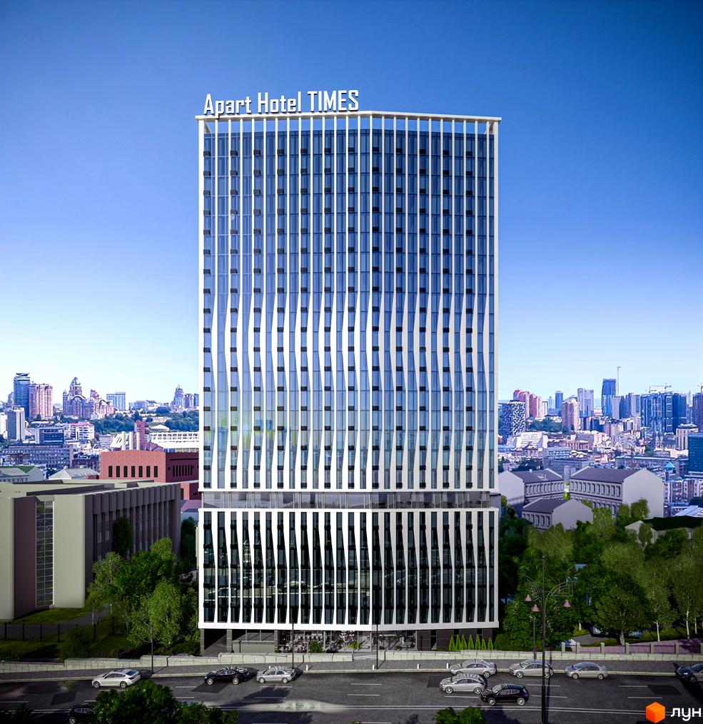 Апарт-комплекс Times - висотна новобудова зі скляним фасадом та унікальним дизайном. Навколо комплексу розташована зелена зона та міська забудова.