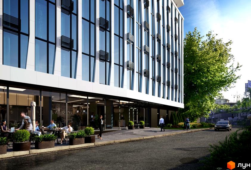 Апарт-комплекс Times з панорамними вікнами та терасою з зонами відпочинку. Біля будинку доглянута прибудинкова територія з зеленими насадженнями та місцями для сидіння.