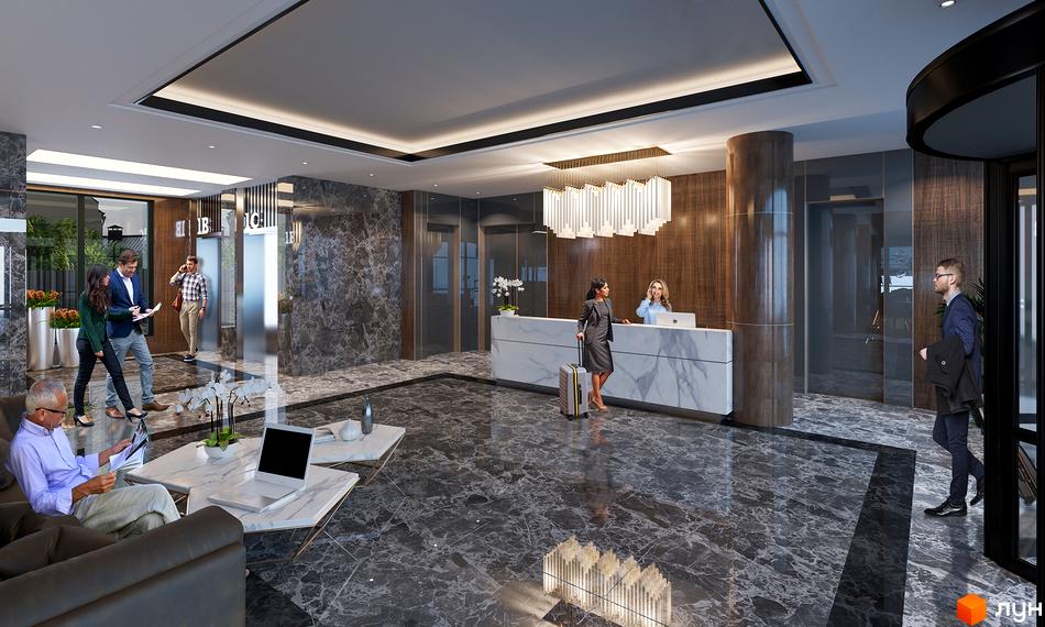 Інтер'єр вестибюлю Апарт-комплексу Times з темно-мармуровою підлогою, світлою стійкою реєстрації та ліфтами.