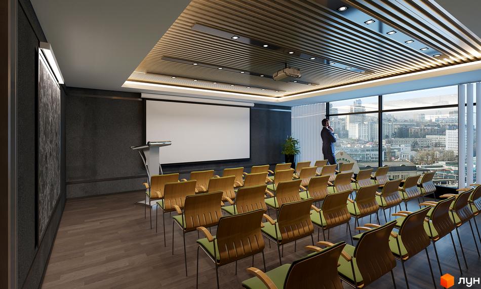 Апарт-комплекс Times: сучасна конференц-зала з проектором та зручними кріслами, панорамним видом на місто.
