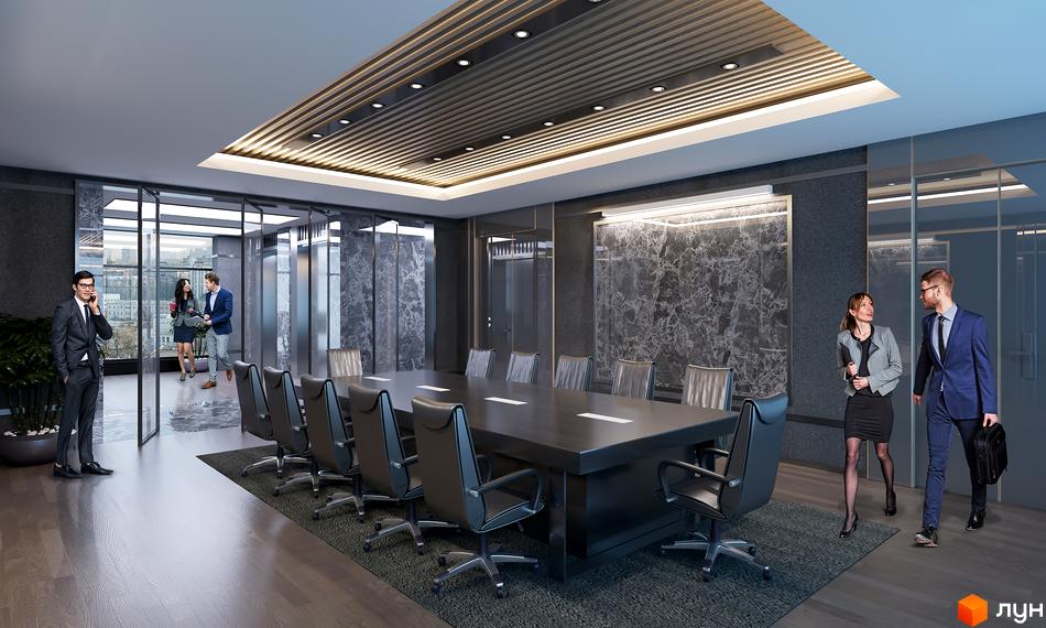 Інтер'єр переговорної кімнати Апарт-комплекс Times з довгим столом, кріслами та панорамними вікнами на місто.