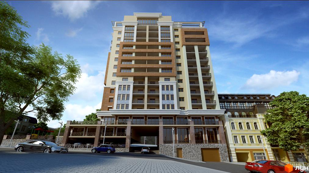 Зображення фасаду багатоповерхового будинку в Житловому комплексі Nobel Homes. Вигляд новобудови та прилеглої території.