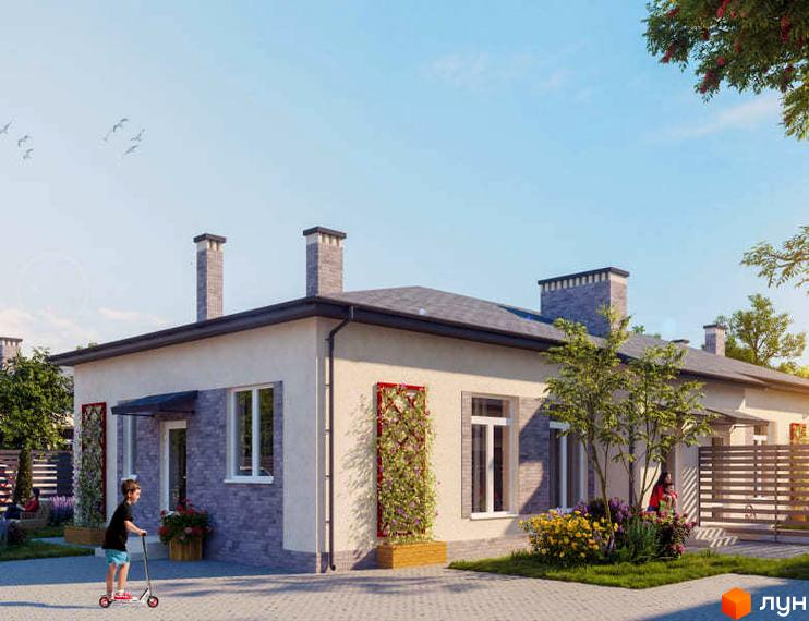 Зображення будинку в Котеджному містечку Світлий Совіньон. Одноповерхова будівля з сірим дахом та світлими стінами, прикрашена декоративними рослинами.