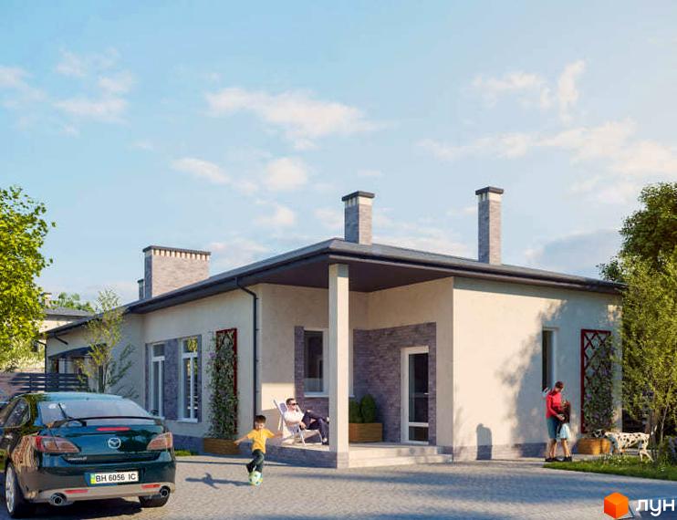 Зображення будинку в Котеджному містечку Світлий Совіньон. Одноповерховий будинок з терасою та прибудинковою територією, де граються діти.