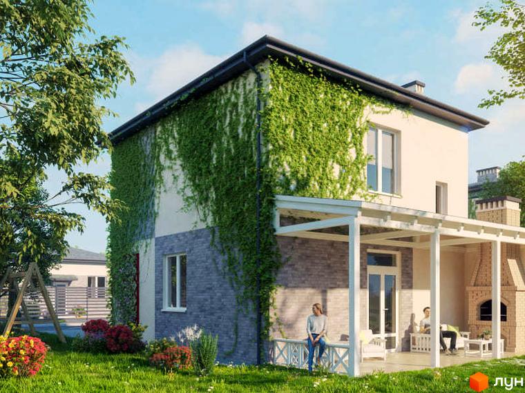 Двоповерховий будинок у Котеджному містечку Світлий Совіньон з фасадом, вкритим зеленню, та білою перголою на подвір'ї. На газоні ростуть квітучі кущі, є зона відпочинку.