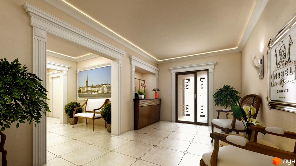 Інтер'єр холу в Житловому комплексі Nobel Homes. Просторий хол з місцями для відпочинку та елементами декору.