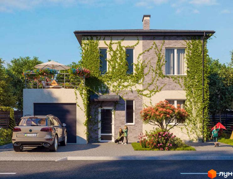 Зображення двоповерхового будинку в Котеджному містечку Світлий Совіньон. Навколо будинку зелені насадження, прибудинкова територія з пішохідною зоною.