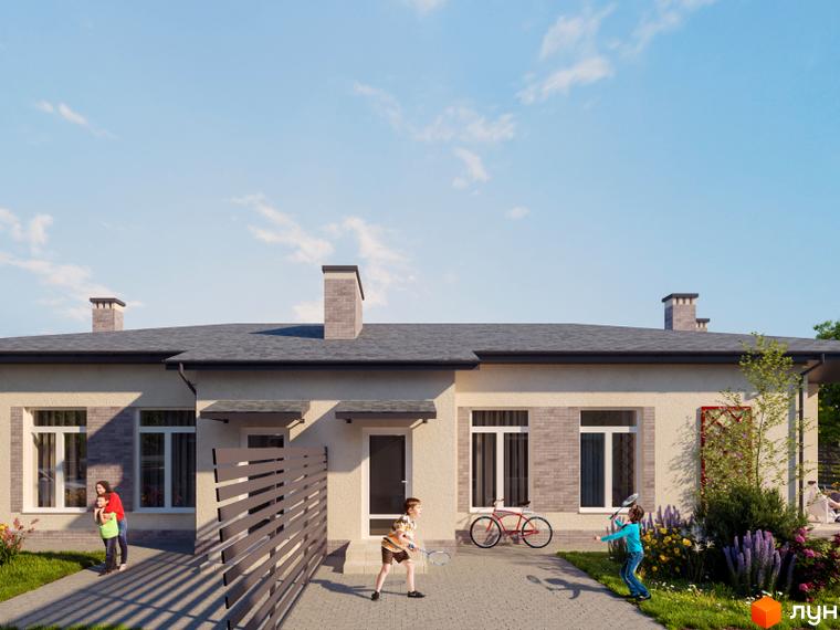 Будинок Котеджного містечка Світлий Совіньон з світлими стінами, темним дахом та цегляними вставками. На прибудинковій території газон, квіти та діти.