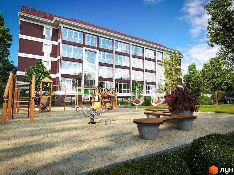 Житловий комплекс Олсія з фасадом з великими вікнами та прибудинковою територією з дитячим майданчиком і зеленими насадженнями.