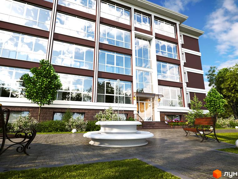 Клубний будинок „Олсія“ з великими вікнами та сучасним фасадом. Прибудинкова територія з фонтаном та зеленими насадженнями.