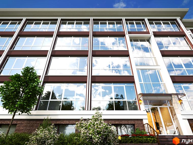 Житловий комплекс Олсія з великими вікнами та сучасним фасадом. Прибудинкова територія озеленена кущами та квітами.