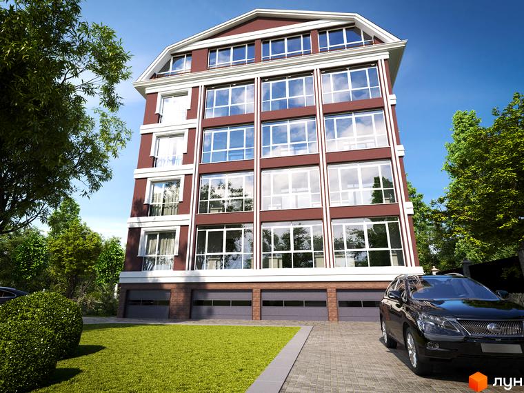 Клубний будинок „Олсія“ з великими вікнами та прибудинковою територією, озелененою газоном та деревами.