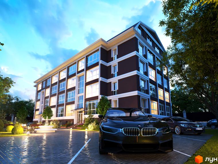 Житловий комплекс Олсія з сучасною архітектурою та зеленими насадженнями на прибудинковій території.