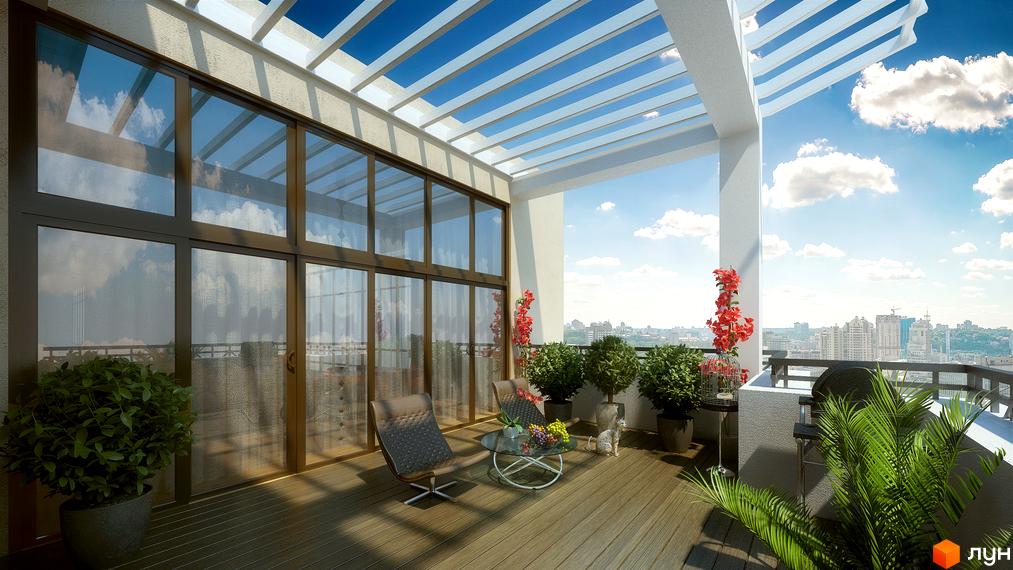 Зображення тераси в Житловому комплексі Nobel Homes. Вигляд на місто з великої тераси з панорамними вікнами та рослинами.