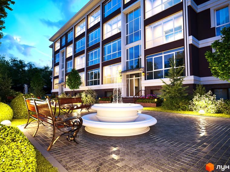 Клубний будинок „Олсія“ з елегантною фасадною обробкою та великими вікнами. Прибудинкова територія з фонтаном, лавками та освітленням.