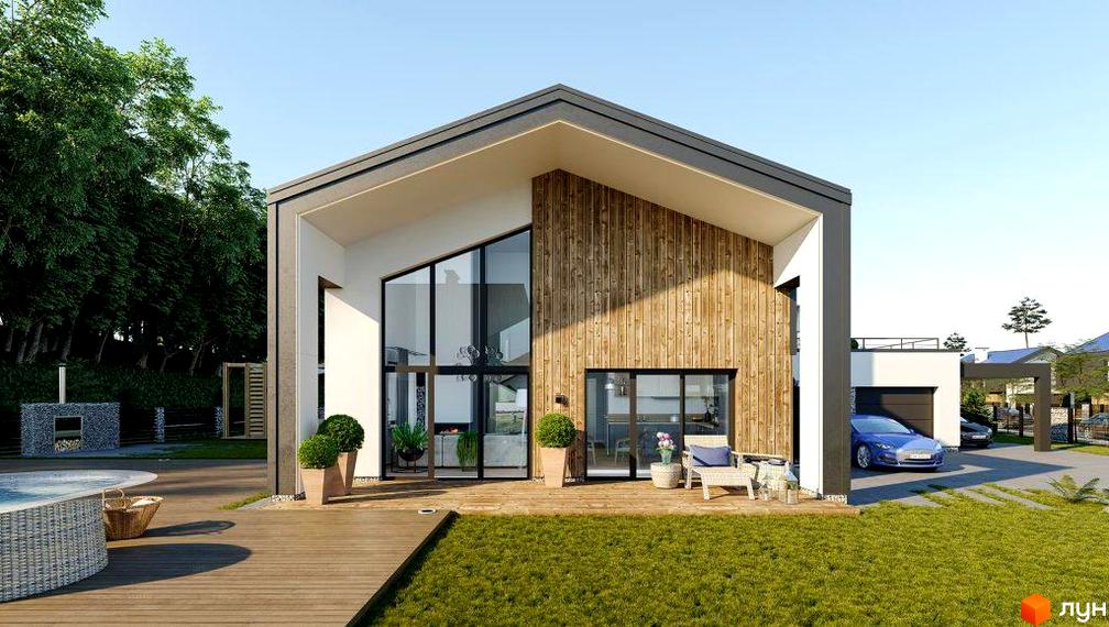 Фасад будинку Котеджного містечка OZON Village з великими панорамними вікнами, дерев'яним оздобленням та терасою. На території зелений газон та зона відпочинку.