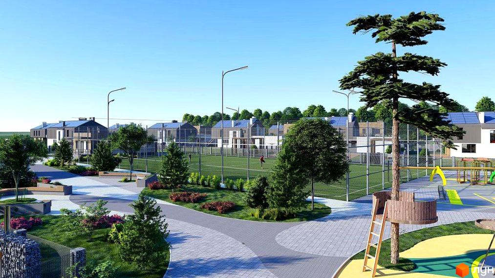 Котеджне містечко OZON Village: фасади будинків з сонячними панелями, спортивні майданчики та зони відпочинку на території.