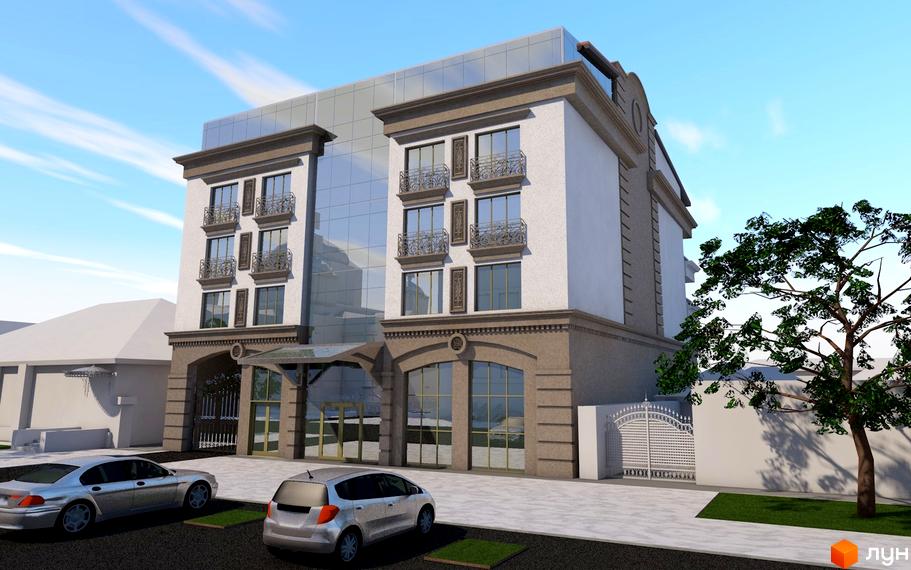 Зображення фасаду будівлі ЖК L7 House з великими вікнами, балконами та вхідною групою. Перед будинком розташована парковка та зелена зона з деревом.