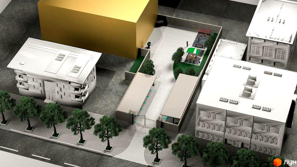 Зображення Житлового комплексу L7 House з висоти пташиного польоту. На фото видно будівлі та озеленену прибудинкову територію.