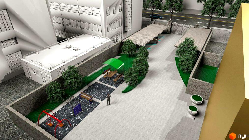 Зображення Житлового комплексу L7 House з виглядом на двір з дитячим майданчиком та місцями для відпочинку. На задньому плані видно будівлі.