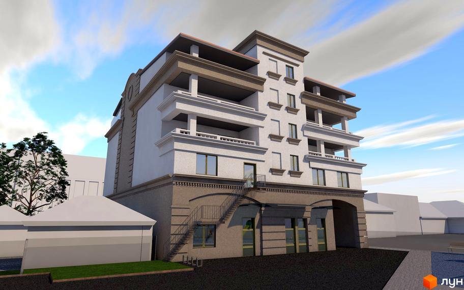 Зображення сторінки Будівельний проєкт L7 House. Багатоповерховий будинок з балконами та великими вікнами, поруч зелені насадження та невелика прибудинкова територія.