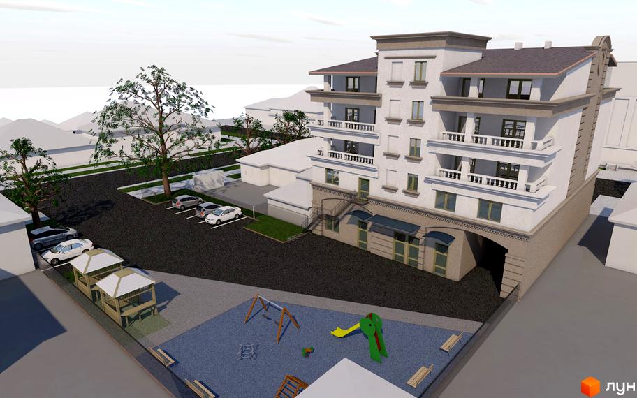 Зображення Житлового комплексу L7 House з фасадом та балконами. На території є дитячий майданчик, парковка та зелені насадження.