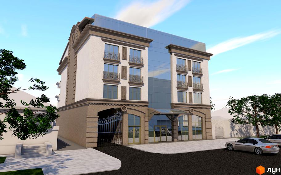 Зображення фасаду будівлі ЖК L7 House з скляними вікнами та кованими балконами. На території комплексу є парковка та зелені насадження.