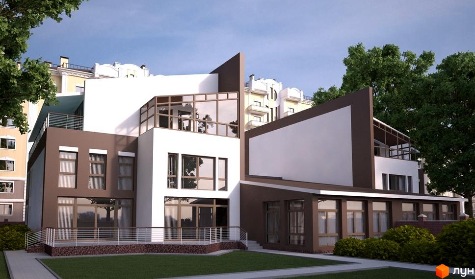 Зображення Котеджне містечко FEOFANIA COTTAGE. Двоповерховий будинок з великими вікнами та терасою, зелений газон перед будинком.