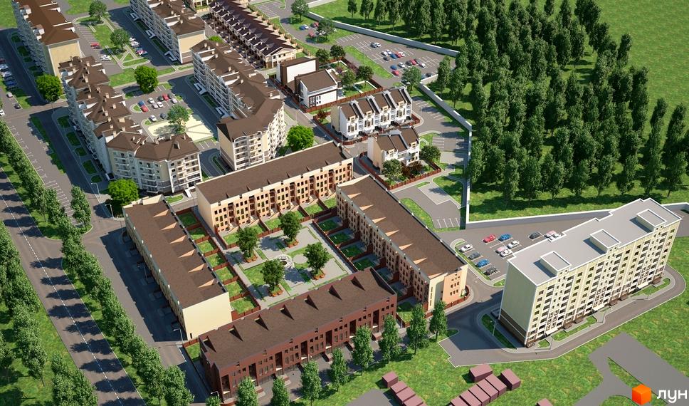 Зображення Котеджного містечка FEOFANIA COTTAGE: вид зверху на житлові будинки з коричневими дахами та внутрішні двори з деревами. Навколо зелені насадження та парковка.