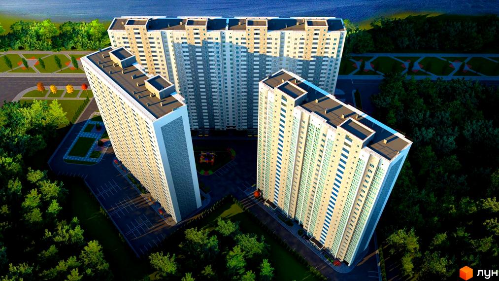 Житловий комплекс Ревуцький: висотні будинки з світлими фасадами та зеленими балконами, поруч парк та зона відпочинку.