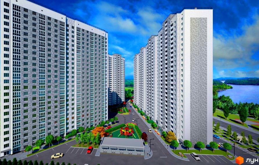 Зовнішній вигляд житлового комплексу Ревуцький з високими будинками та прибудинковою територією з дитячим майданчиком. Новобудова з сучасним фасадом.