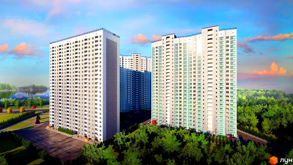 Житловий комплекс Ревуцький. Багатоповерхові будинки з білою та сірою облицовкою, зелені вікна, навколо зелені насадження та водойма.