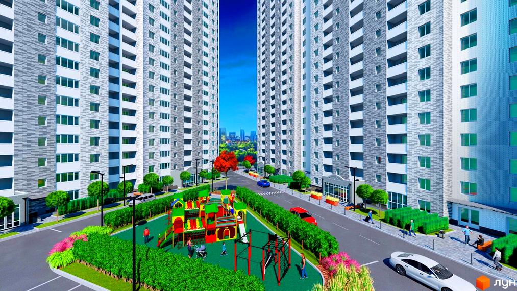 Зовнішній вигляд новобудови ЖК Ревуцький з дитячим майданчиком та зеленими зонами. Сучасний житловий комплекс з багатоповерховими будинками та доглянутою територією.