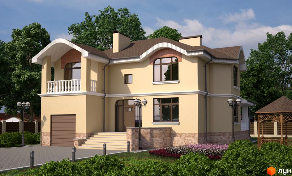 Зображення двоповерхового будинку в Котеджному містечку FEOFANIA COTTAGE. Навколо будинку зелені насадження та доглянутий газон.