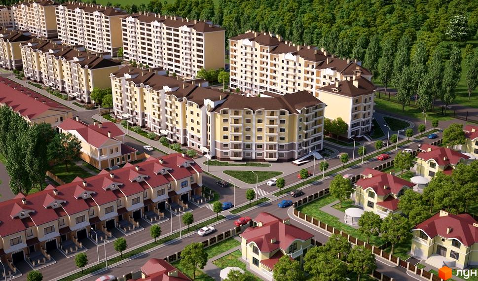 Зображення Котеджного містечка FEOFANIA COTTAGE: вид на будинки з жовтими фасадами та червоними дахами. Навколо зелені дерева та доглянута територія.