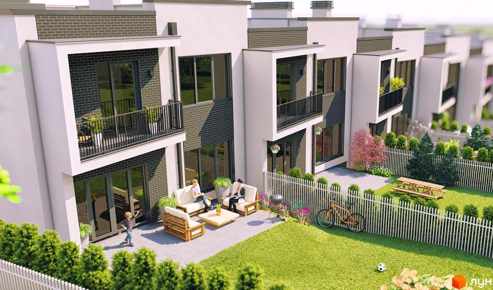 Зовнішній вигляд таунхаусів Rubicon Cottages з фасадом з білої штукатурки та темної цегли, балконами та прибудинковою територією з зеленим газоном та парканом.