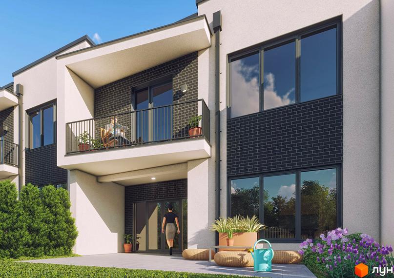 Зовнішній вигляд таунхаусів Rubicon Cottages з балконами та вікнами, прибудинкова територія з рослинністю та місцем для відпочинку.