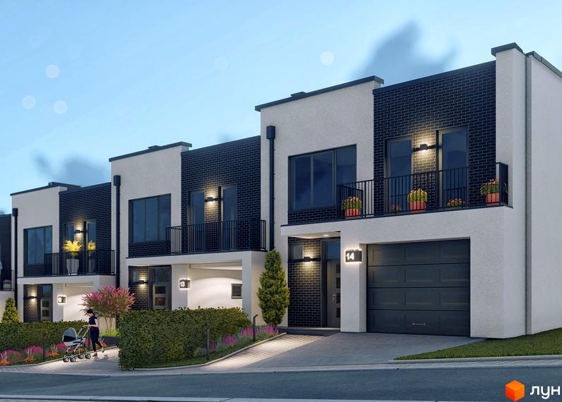 Таунхауси Rubicon Cottages з цегляним фасадом та балконами, перед якими розташована доглянута прибудинкова територія з квітами та дитиною з дитячим візком.