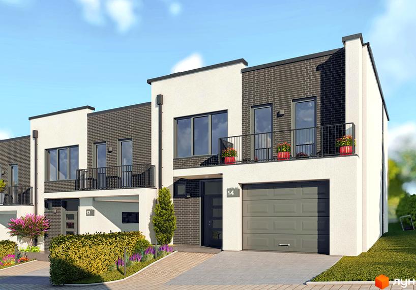 Таунхауси Rubicon Cottages з білою та цегляною обробкою, балконами та гаражними воротами. Перед будинками розташована доглянута прибудинкова територія з кущами та квітами.