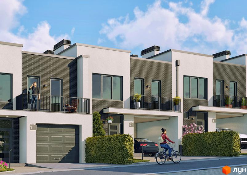 Таунхауси Rubicon Cottages з цегляним фасадом та балконами. Поряд розташовані гаражі та зелені насадження.