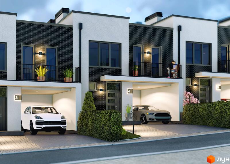 Таунхауси Rubicon Cottages з гаражами та доглянутими зеленими зонами. Фасади оздоблені білою штукатуркою та чорною цеглою.