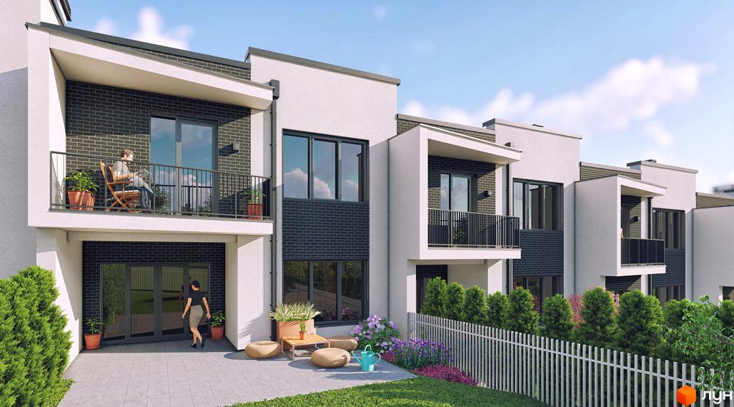 Таунхауси Rubicon Cottages: фасади з білою штукатуркою та темною цеглою, балкони, вікна, тераса з меблями та зелень.