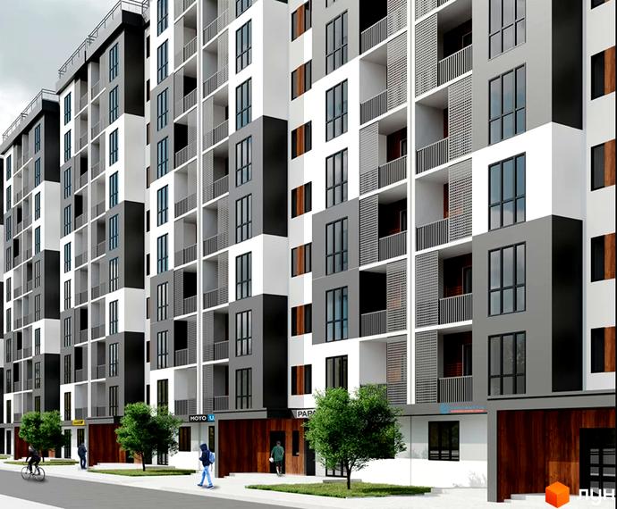 Фасад житлового комплексу Senator з великою кількістю балконів та панорамних вікон. Перед будинком розташована зелена зона з деревами та пішохідною доріжкою.