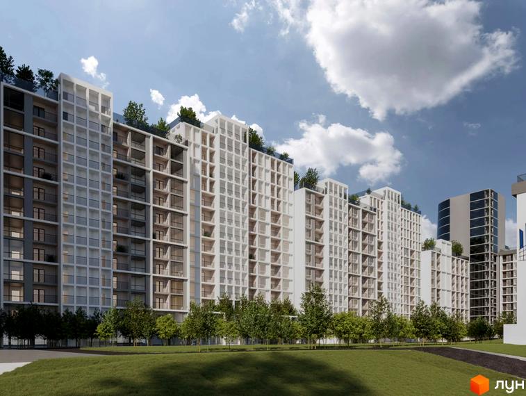 Зовнішній вигляд житлового комплексу Senator з білими фасадами та численними балконами, оточений зеленою зоною та деревами.