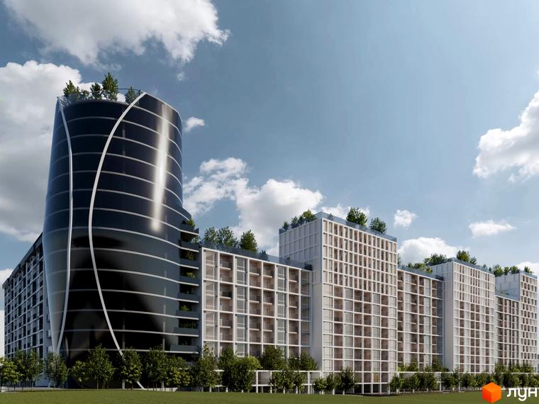 Житловий комплекс Senator - це сучасна архітектура з футуристичною вежею та низькоповерховими будинками, оточена зеленою зоною.