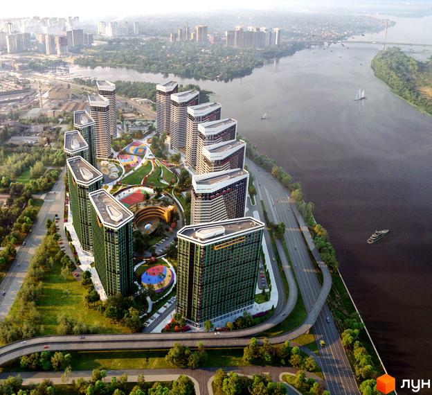 Житловий комплекс Great з зеленими фасадами та оригінальною архітектурою розташований біля річки з доглянутою прибудинковою територією.